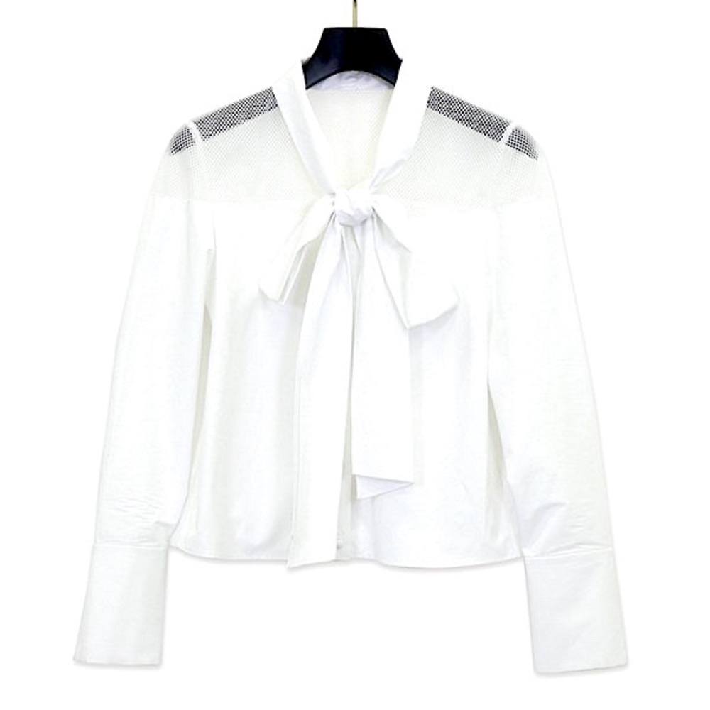 RE SYU RYU | Bow Tie Mesh Button Down Blouse